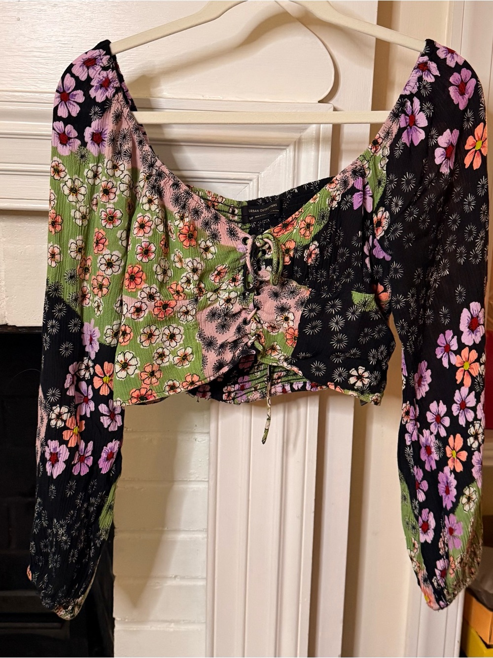Urban Outfitters Floral Patchwork Tie-Front Crop Top - Black, Green, Pink